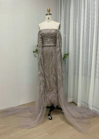 Ships in 1 to 3 Days - Sexy Champagne Strapless Midi Evening Dress - Luxury Beaded Mermaid Gown with Side Train for Wedding Guests