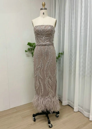 Ships in 1 to 3 Days - Sexy Champagne Strapless Midi Evening Dress - Luxury Beaded Mermaid Gown with Side Train for Wedding Guests