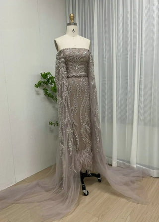 Ships in 1 to 3 Days - Sexy Champagne Strapless Midi Evening Dress - Luxury Beaded Mermaid Gown with Side Train for Wedding Guests