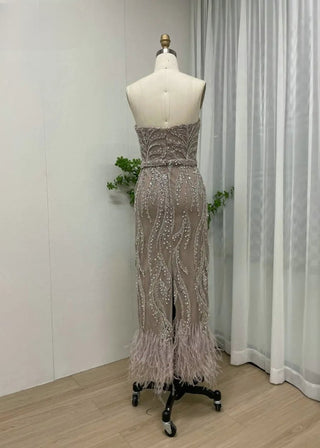 Ships in 1 to 3 Days - Sexy Champagne Strapless Midi Evening Dress - Luxury Beaded Mermaid Gown with Side Train for Wedding Guests