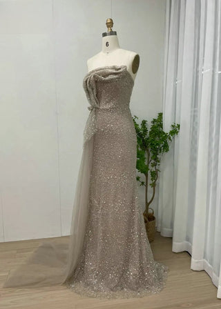 Sexy Champagne Strapless Pleated Evening Dress - Sparkling Sequined Mermaid Gown with Side Train for Wedding Guests