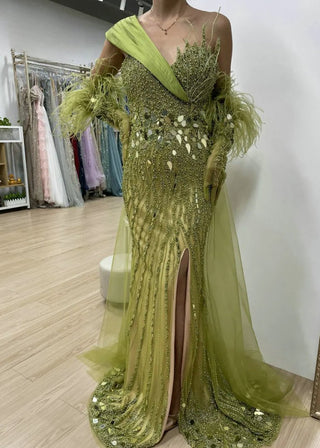 Ships in 1 to 3 Days - Stunning One-Shoulder Beaded Feathers Evening Dress - Mermaid High Split Gown for Wedding Parties and Special Events