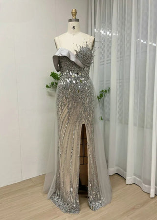 Ships in 1 to 3 Days - Stunning One-Shoulder Beaded Feathers Evening Dress - Mermaid High Split Gown for Wedding Parties and Special Events