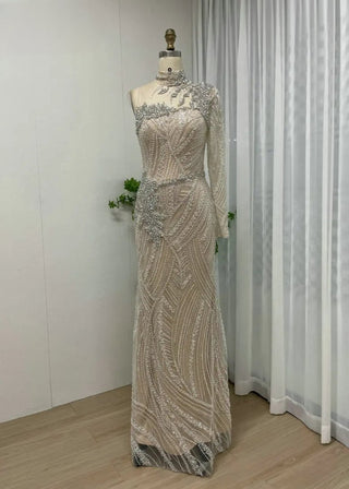 Ships in 1 to 3 Days - Exclusive High Neck Mermaid Evening Dress - Crystal Beaded One-Shoulder Gown for Women’s Wedding Parties