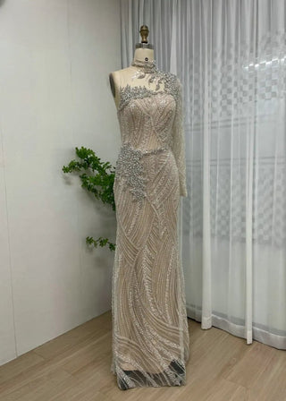 Ships in 1 to 3 Days - Exclusive High Neck Mermaid Evening Dress - Crystal Beaded One-Shoulder Gown for Women’s Wedding Parties