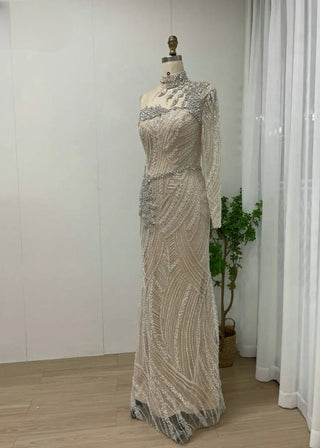 Ships in 1 to 3 Days - Exclusive High Neck Mermaid Evening Dress - Crystal Beaded One-Shoulder Gown for Women’s Wedding Parties