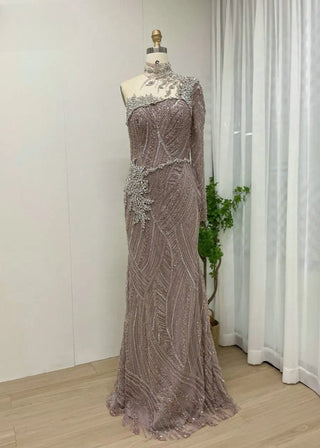 Ships in 1 to 3 Days - Exclusive High Neck Mermaid Evening Dress - Crystal Beaded One-Shoulder Gown for Women’s Wedding Parties