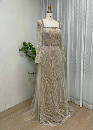 White Square Neck Mermaid Evening Gown - Elegant Long Sleeves Beaded Formal Dress with Train for Women