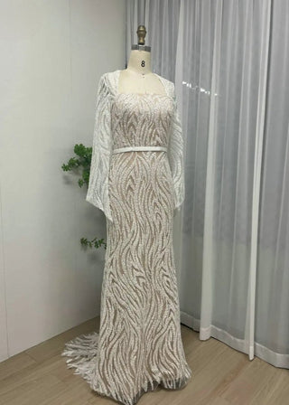 Elegant Muslim Long Sleeves Beaded Evening Dress - Exclusive Mermaid Gown with Belt for Women’s Wedding Parties