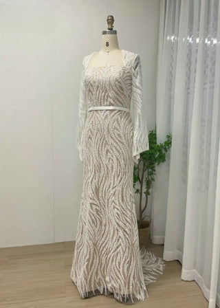 Elegant Muslim Long Sleeves Beaded Evening Dress - Exclusive Mermaid Gown with Belt for Women’s Wedding Parties