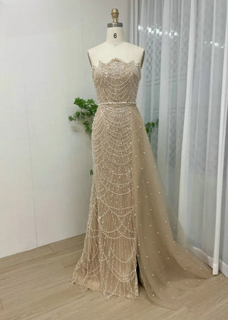 Champagne Sexy Strapless Beaded Evening Formal Dress - Luxury Mermaid Gown with Side Train and High Split for Women’s Wedding Parties