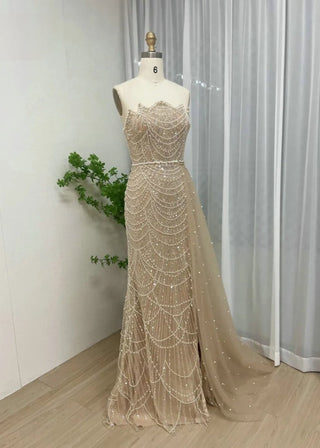 Champagne Sexy Strapless Beaded Evening Formal Dress - Luxury Mermaid Gown with Side Train and High Split for Women’s Wedding Parties