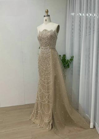 Champagne Sexy Strapless Beaded Evening Formal Dress - Luxury Mermaid Gown with Side Train and High Split for Women’s Wedding Parties