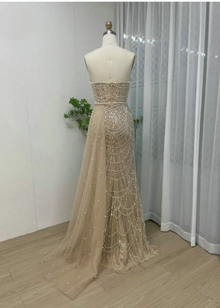 Champagne Sexy Strapless Beaded Evening Formal Dress - Luxury Mermaid Gown with Side Train and High Split for Women’s Wedding Parties