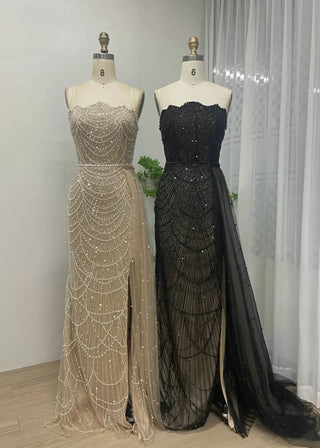 Champagne Sexy Strapless Beaded Evening Formal Dress - Luxury Mermaid Gown with Side Train and High Split for Women’s Wedding Parties