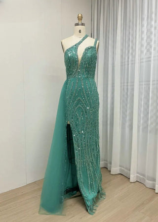 Gorgeous Arabic One-Shoulder Beaded Evening Dress - Sexy Mermaid Gown with High Slit for Wedding Guests and Bride Parties