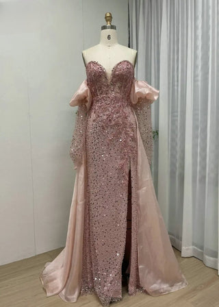 Ships in 1 to 3 Days - Pink Stunning Strapless Puff Sleeve Sequined Evening Dress - Luxury Mermaid High Slit Ball Gown for Women’s Wedding Parties in Dubai