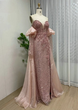 Ships in 1 to 3 Days - Pink Stunning Strapless Puff Sleeve Sequined Evening Dress - Luxury Mermaid High Slit Ball Gown for Women’s Wedding Parties in Dubai