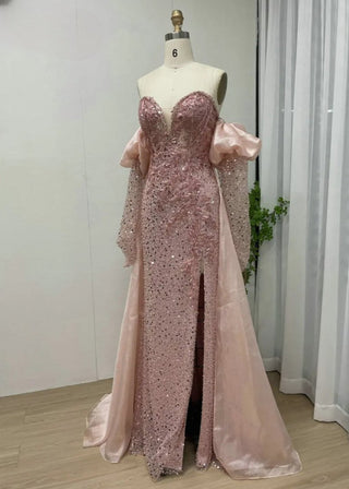 Ships in 1 to 3 Days - Pink Stunning Strapless Puff Sleeve Sequined Evening Dress - Luxury Mermaid High Slit Ball Gown for Women’s Wedding Parties in Dubai