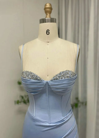 Stunning Light Blue Mermaid Evening Gown - Sexy Spaghetti Straps Sweetheart Neck High Slit Dress for Wedding Parties and Bridesmaids