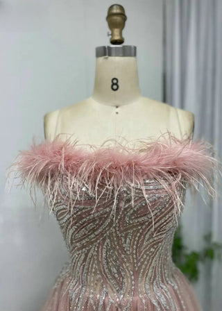 Ships in 1 to 3 Days - Exclusive Off-Shoulder Pink A-Line Evening Gown - Beaded Feathers Luxury Dress for Girls’ Birthday Parties in Dubai