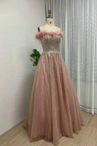 Ships in 1 to 3 Days - Exclusive Off-Shoulder Pink A-Line Evening Gown - Beaded Feathers Luxury Dress for Girls’ Birthday Parties in Dubai