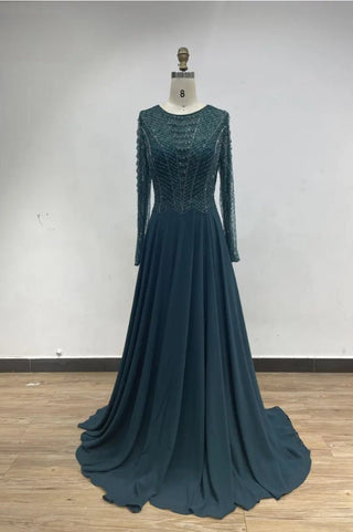 Green A-Line Mother of the Bride Dress - Stunning Scoop Neck Beaded Brocade Evening Gown with Long Sleeves