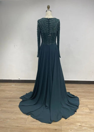 Green A-Line Mother of the Bride Dress - Stunning Scoop Neck Beaded Brocade Evening Gown with Long Sleeves