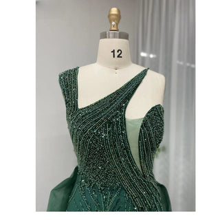 Ships in 1 to 3 Days - Luxury Emerald Green Evening Dress with Overskirt - Elegant One-Shoulder Women's Wedding Party Prom Formal Gown