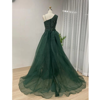 Ships in 1 to 3 Days - Luxury Emerald Green Evening Dress with Overskirt - Elegant One-Shoulder Women's Wedding Party Prom Formal Gown