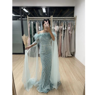 Ships in 1 to 3 Days - Elegant Cape Sleeves Mermaid Evening Dresses Gowns Luxury Feathers Beaded 2024 For Women Wedding Party