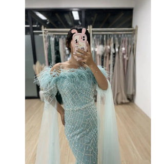 Ships in 1 to 3 Days - Elegant Cape Sleeves Mermaid Evening Dresses Gowns Luxury Feathers Beaded 2024 For Women Wedding Party