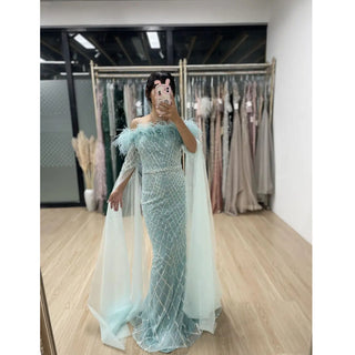 Ships in 1 to 3 Days - Elegant Cape Sleeves Mermaid Evening Dresses Gowns Luxury Feathers Beaded 2024 For Women Wedding Party