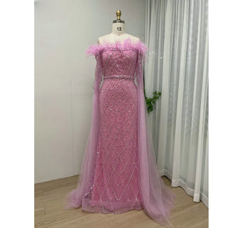 Ships in 1 to 3 Days - Elegant Cape Sleeves Mermaid Evening Dresses Gowns Luxury Feathers Beaded 2024 For Women Wedding Party