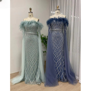 Ships in 1 to 3 Days - Elegant Cape Sleeves Mermaid Evening Dresses Gowns Luxury Feathers Beaded 2024 For Women Wedding Party