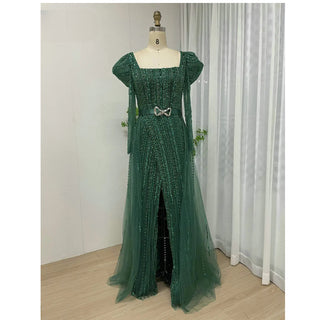 2024 Elegant Green Long Sleeves Evening Dress - Modest Beaded Mermaid Gown with High Split for Arabic Weddings and Parties