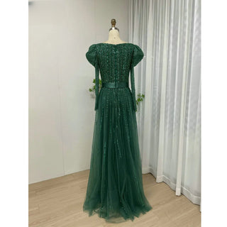 2024 Elegant Green Long Sleeves Evening Dress - Modest Beaded Mermaid Gown with High Split for Arabic Weddings and Parties