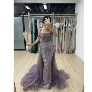 Ships in 1 to 3 Days - Gold Beaded Mermaid Evening Dress with Overskirt for Elegant Weddings and Parties