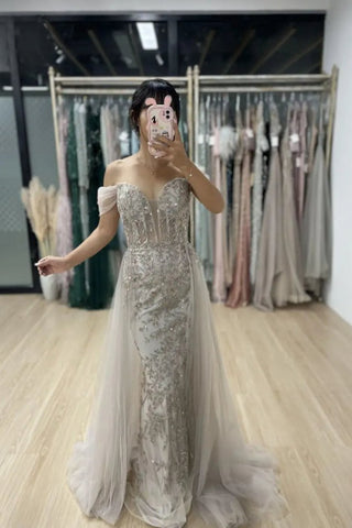 Ships in 1 to 3 Days - 2024 Champagne Luxury Mermaid Evening Gown - Beaded Off-Shoulder Dress with Overskirt for Women’s Parties