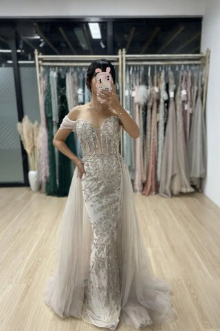 Ships in 1 to 3 Days - 2024 Champagne Luxury Mermaid Evening Gown - Beaded Off-Shoulder Dress with Overskirt for Women’s Parties