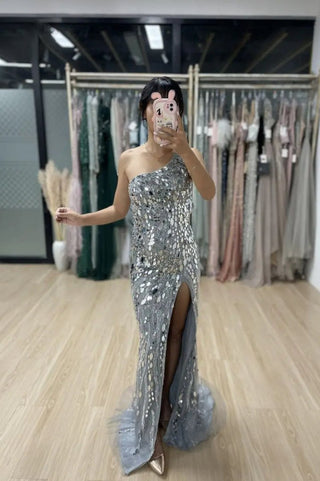 Ships in 1 to 3 Days - Silver One-Shoulder Mirror Beaded Mermaid Gown – Dubai Luxury High-Slit Evening Dress for Celebrity Parties 2024