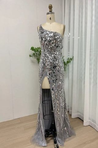 Ships in 1 to 3 Days - Silver One-Shoulder Mirror Beaded Mermaid Gown – Dubai Luxury High-Slit Evening Dress for Celebrity Parties 2024