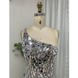 Ships in 1 to 3 Days - Silver One-Shoulder Mirror Beaded Mermaid Gown – Dubai Luxury High-Slit Evening Dress for Celebrity Parties 2024