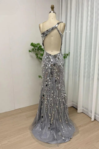 Ships in 1 to 3 Days - Silver One-Shoulder Mirror Beaded Mermaid Gown – Dubai Luxury High-Slit Evening Dress for Celebrity Parties 2024