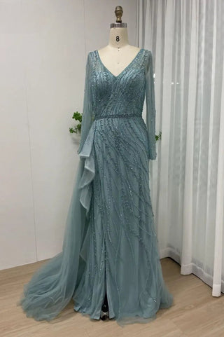 Ships in 1 to 3 Days -  2024 Nude Mermaid Evening Gown: Sexy High Split, Beaded Detail, and Accompanying Skirt for Women's Wedding Celebrations