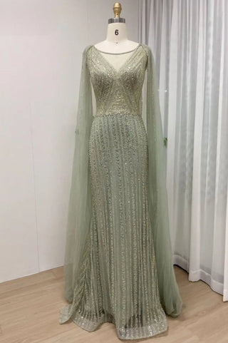 Ships in 1 to 3 Days -Saudi Aabira Sage Green Luxury Evening Dress: Elegance with Cape Sleeves for Plus Size Women (2024)