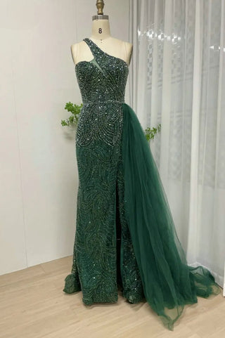 Ships in 1 to 3 Days - Sexy Green Beaded One Shoulder Mermaid Evening Dress With Overskirt: Luxury Gowns 2024 For Women Party