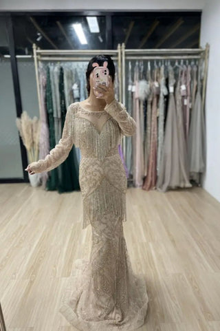 Ships in 1 to 3 Days - Arabic Grey Elegant Mermaid Beaded Tassel Luxury Dubai Long Evening Dress - Women's Party Gown 2024