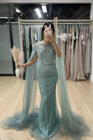 Ships in 1 to 3 Days - Opulent Dubai Blue Mermaid Evening Dress with Cape Sleeves: Ideal for Arabic Women's Wedding Party Gowns in Sage Green and Gold