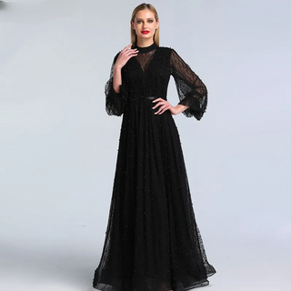 Black Peach Pearls Beach Prom Dress 2024: Long Sleeves, Sexy Tulle Gown Design - Plus Size